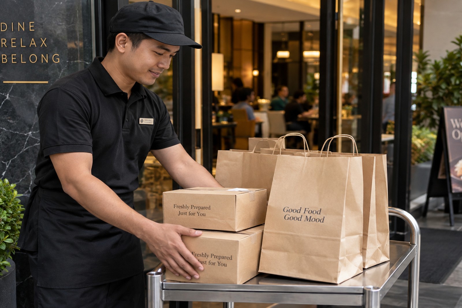 Delivery support staff preparing takeaway orders outside a restaurant