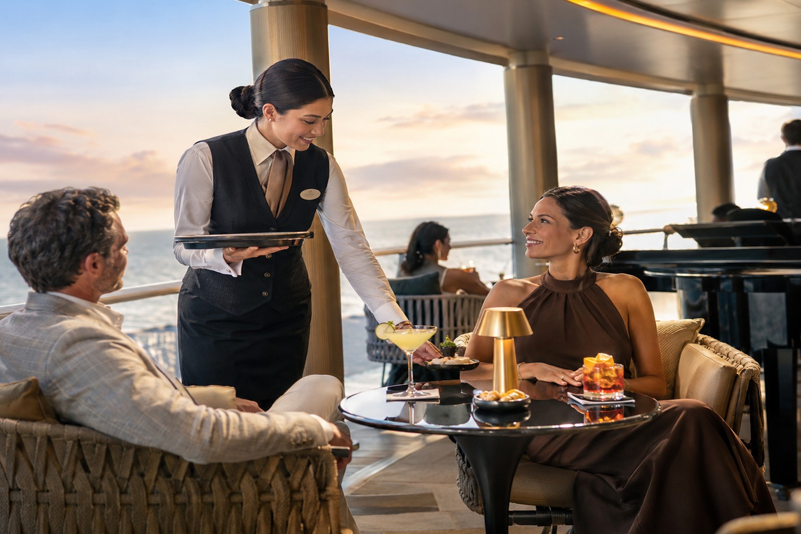 Luxury hospitality service scene showing premium guest experience and operations