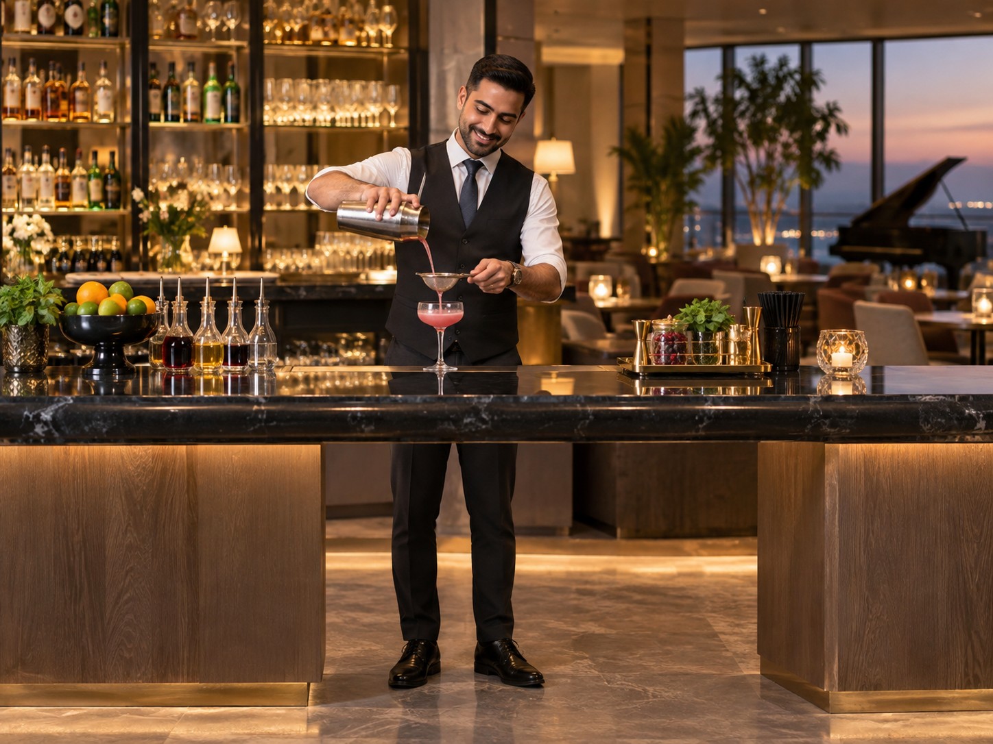 Service staff member assisting a guest at a buffet counter